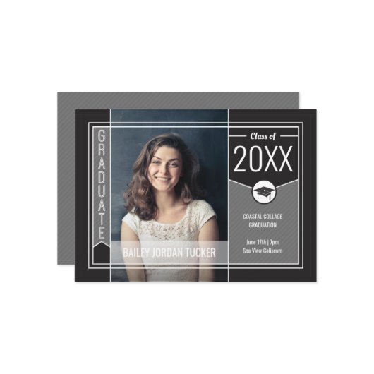 Modern Grey Stripes Afstuderen Foto Afstuderen Aankondiging (Voorkant / Achterkant in situ)