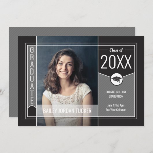 Modern Grey Stripes Afstuderen Foto Afstuderen Aankondiging (Voorkant / Achterkant)