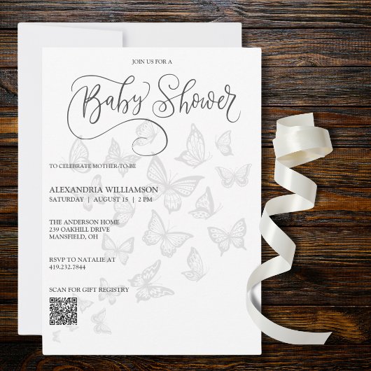 Modern Grey Vlinders Baby shower QR Code Kaart