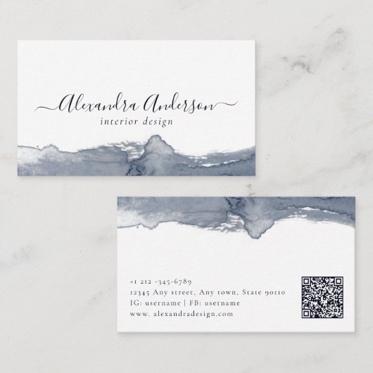 Modern Grey Waterverf Kalligrafie Minimale QR-code Visitekaartje (Voorkant / Achterkant)