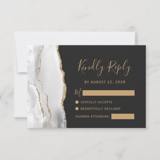 Modern Grey White Agate Dark Wedding RSVP Kaartje (Voorkant)