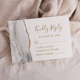 Modern Grey White Gold Agate Wedding RSVP Kaartje