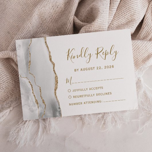 Modern Grey White Gold Agate Wedding RSVP Kaartje