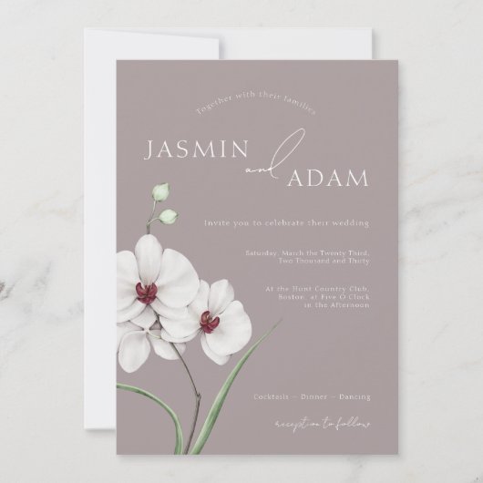 Modern Grey White Orchids Initialen Bloemenbruilof Kaart (Voorkant)