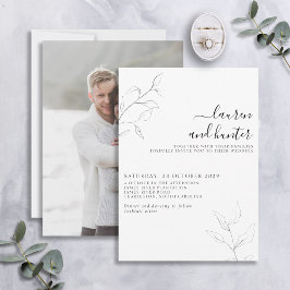 Modern Grey White Script Botanical Photo Wedding Kaart