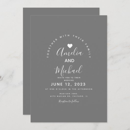 Modern Grey White Simple Heart Wedding Kaart (Voorkant / Achterkant)