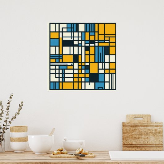 Modern Grid Abstraction – Mondriaan geïnspireerde Poster (Keuken)