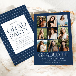 Modern Grid Navy 9 Photo Collage Graduation Party Kaart
