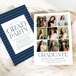 Modern Grid Navy 9 Photo Collage Graduation Party Kaart