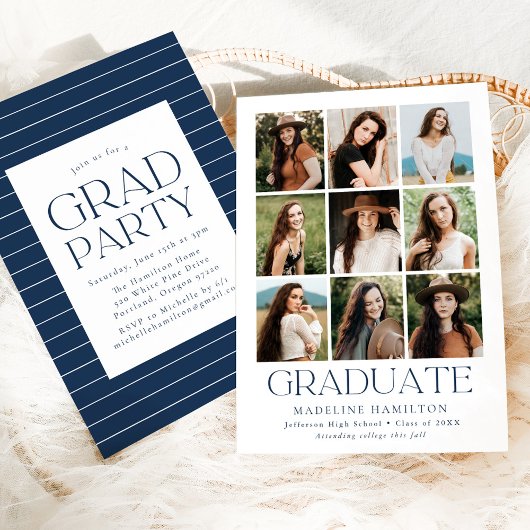 Modern Grid Navy 9 Photo Collage Graduation Party Kaart