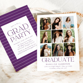 Modern Grid Purple 9 Photo Graduation Party Kaart