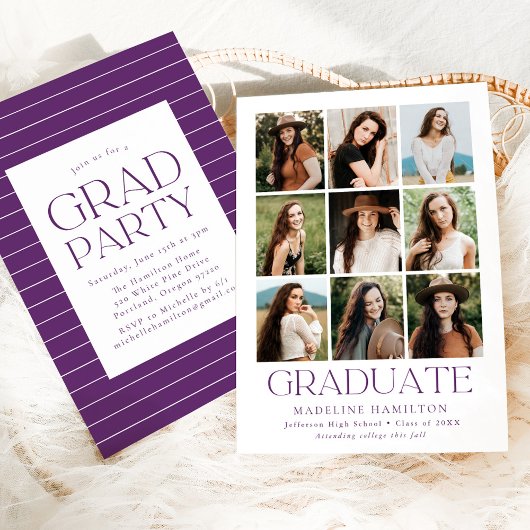 Modern Grid Purple 9 Photo Graduation Party Kaart