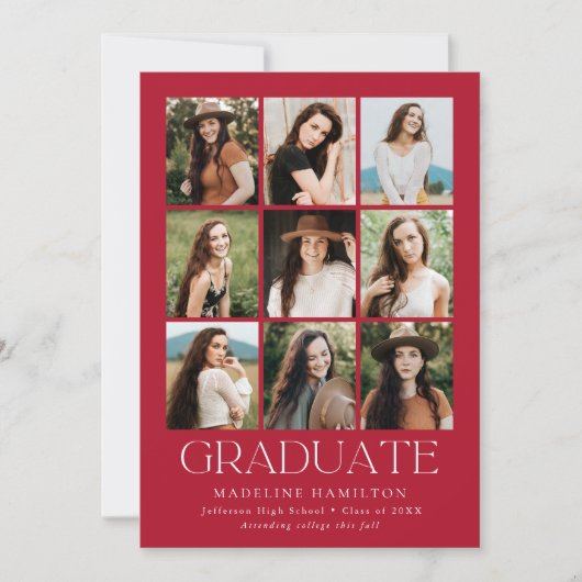 Modern Grid Red 9 Photo Collage Afstuderen Aankondiging (Voorkant)