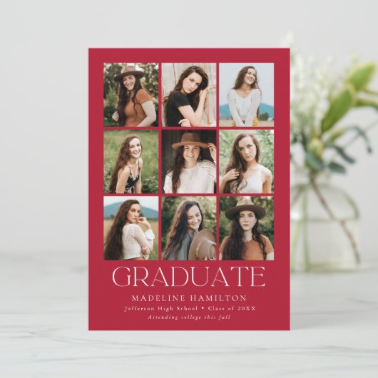 Modern Grid Red 9 Photo Collage Afstuderen Aankondiging (Staand voorkant)
