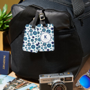 Modern Grieks Kwaad Oog Blauw Wit Monogram Bagagelabel