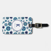 Modern Grieks Kwaad Oog Blauw Wit Monogram Bagagelabel (Voorkant horizontaal)