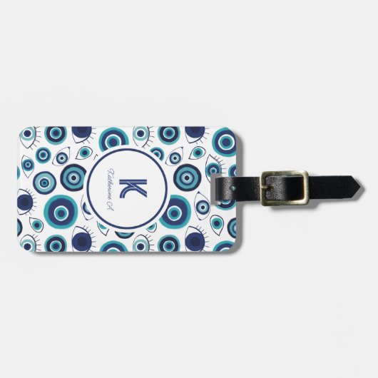Modern Grieks Kwaad Oog Blauw Wit Monogram Bagagelabel (Voorkant horizontaal)
