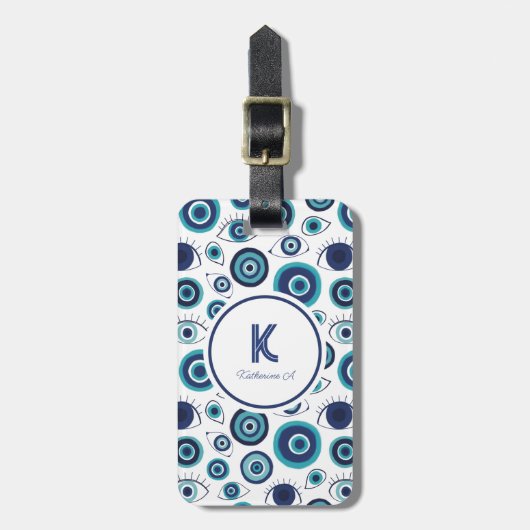 Modern Grieks Kwaad Oog Blauw Wit Monogram Bagagelabel (Voorkant verticaal)