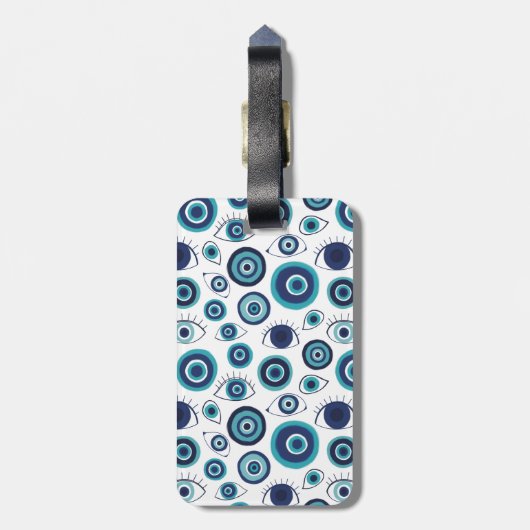 Modern Grieks Kwaad Oog Blauw Wit Monogram Bagagelabel (Achterkant verticaal)