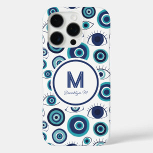 Modern Grieks Kwaad Oog Blauw Wit Monogram iPhone 16 Pro Hoesje