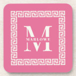Modern Grieks Zeer belangrijk Lijst Monogram Elega Bier Onderzetter<br><div class="desc">Moderne en elegante roze monogram onderzetters met uw eigen initiaal en naam binnen een grieks belangrijk lijst aan de grens rond de mediterrane kust.</div>
