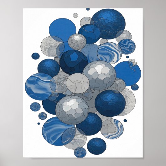 Modern grijs BLAUW EN WITTE BALLEN Design Poster (Voorkant)