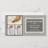 Modern grijs blauwgroen bloemen foto baby aankondi aankondiging (Voorkant)