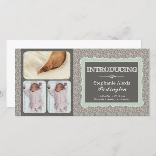 Modern grijs blauwgroen bloemen foto baby aankondi aankondiging (Voorkant / Achterkant)