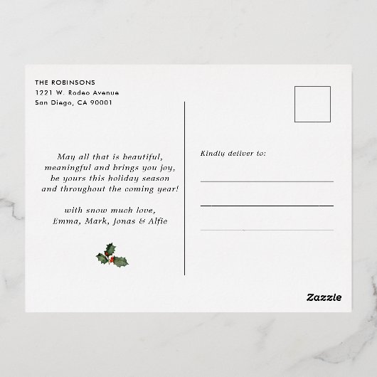 Modern grijs botanisch groen 3 foto goud folie feestdagen briefkaart (Achterkant)