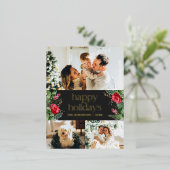 Modern grijs botanisch groen 3 foto goud folie feestdagen briefkaart (Staand Voorkant)