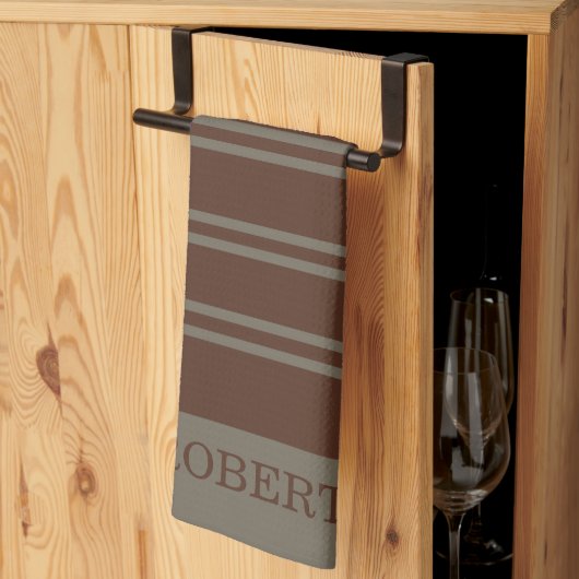 modern grijs & bruin strepenpatroon monogram naam theedoek (Derde Gevouwen)