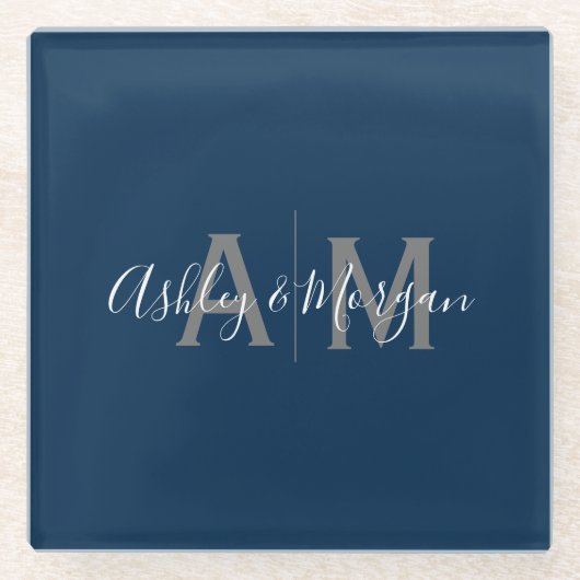 Modern grijs en blauw koppelmonogram glazen onderzetter (Voorkant)
