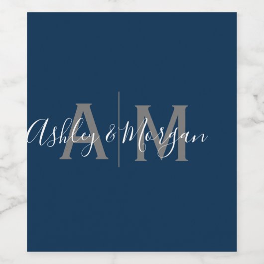 Modern grijs en blauw koppelmonogram wijn etiket (Enkel label)