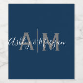 Modern grijs en blauw monogram voor koppels wijn etiket (Enkel label)