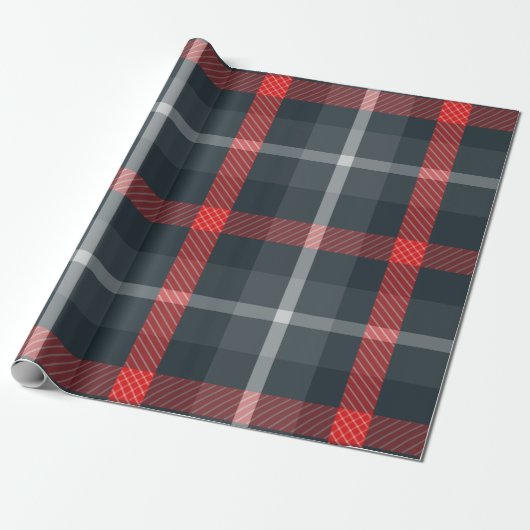 Modern grijs en rood tartan: strak geplakt cadeaupapier (Uitgerold)