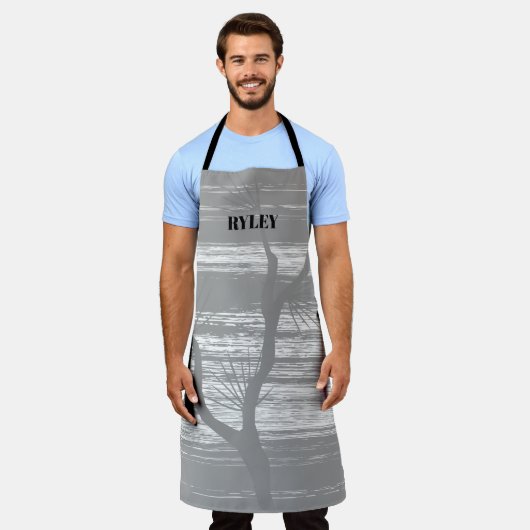 Modern grijs en wit boomtak Monogram Schort (Gedragen)