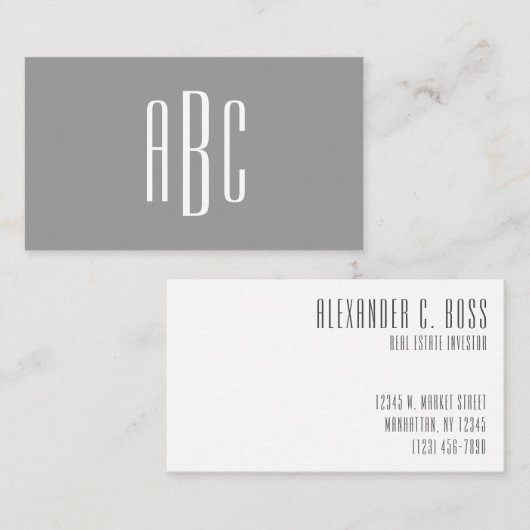 Modern grijs en wit Eenvoudig, drieletterig monogr Visitekaartje (Voorkant / Achterkant)