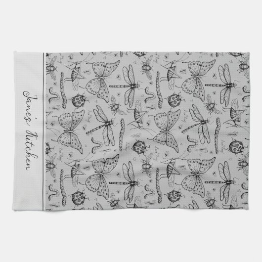 Modern Grijs en Zwart Chef's Keukeninsect Theedoek (Horizontaal)