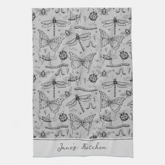 Modern Grijs en Zwart Chef's Keukeninsect Theedoek (Verticaal)