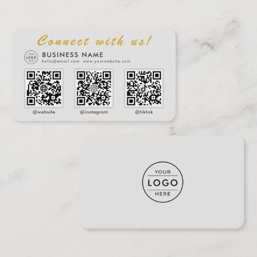 Modern Grijs Goud 3 QR Code Multi Social Visitekaartje (Voorkant / Achterkant)