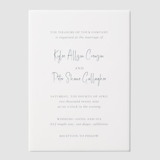 Modern grijs handgeschreven script elegante bruilo vellum uitnodigingen (Voorkant)