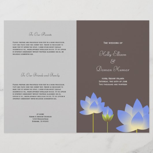 modern grijs huwelijksprogramma met blauwe lotusbl (Voorkant)