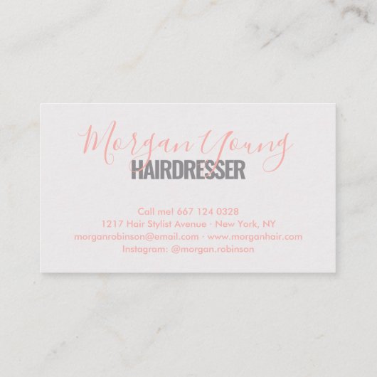 Modern grijs koraalhaar stylist script visitekaartje (Achterkant)