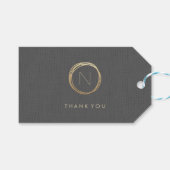 Modern grijs linnen elegant goud monogram dank u cadeaulabel (Voorkant (Horizontaal))