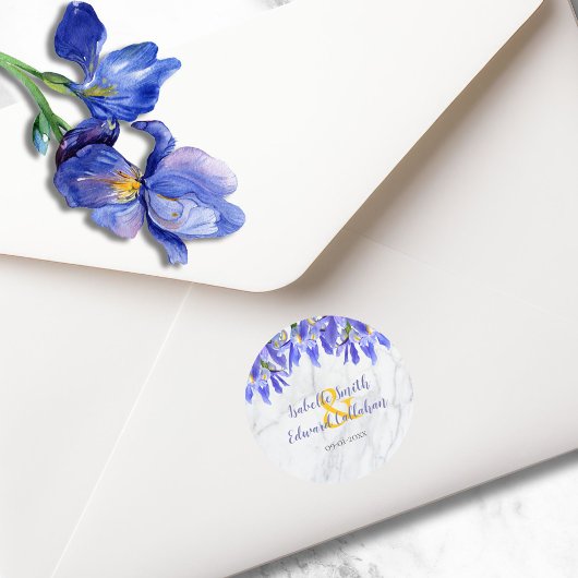 Modern Grijs Marmer Royal Blue Iris Floral Pattern Ronde Sticker