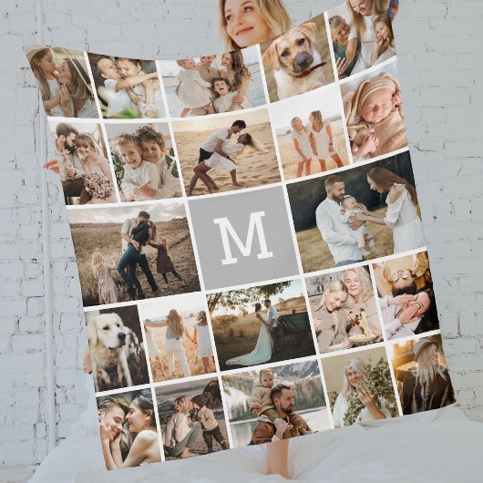 Modern Grijs Monogram 22 Foto Collage Fleece Deken