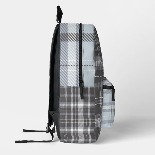Modern grijs neutraal plaid met naam bedrukte rugzak (Links)
