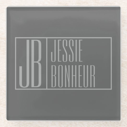 Modern, grijs op donkergrijs, Initialen en naams L Glazen Onderzetter (Voorkant)