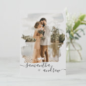 Modern grijs pushlijnscript 2 foto's bruiloft kaart (Staand voorkant)