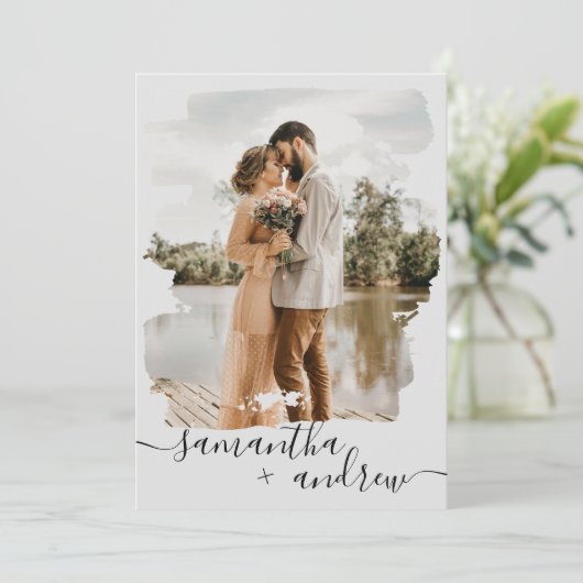 Modern grijs pushlijnscript 2 foto's bruiloft kaart (Staand voorkant)